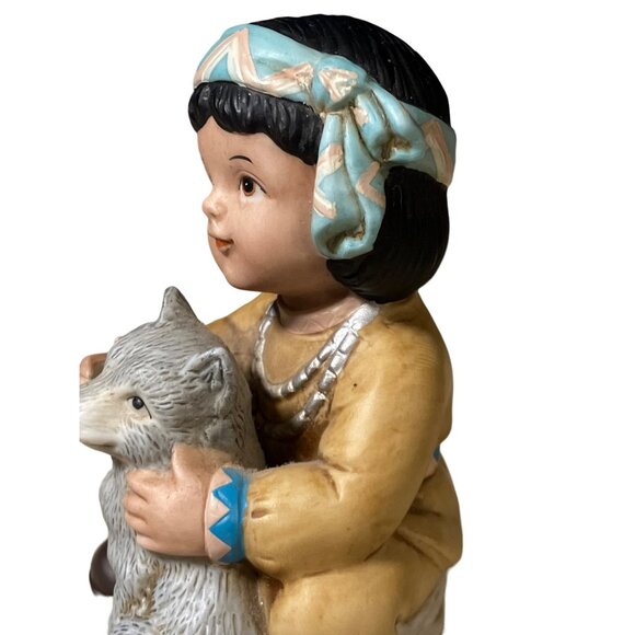 Homco Art Bisque Porcelain Native American Boy Figurine With Wolf Cub 1428 - Picture 9 of 13
